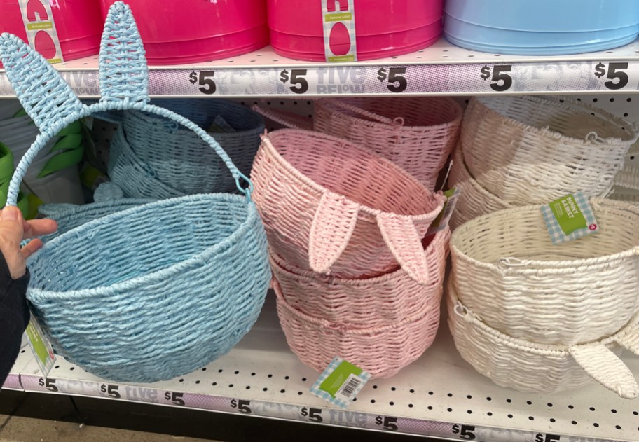 Woven Bunny Easter Basket on shelf in five below