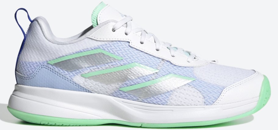 white, blue, and green adidas sneaker