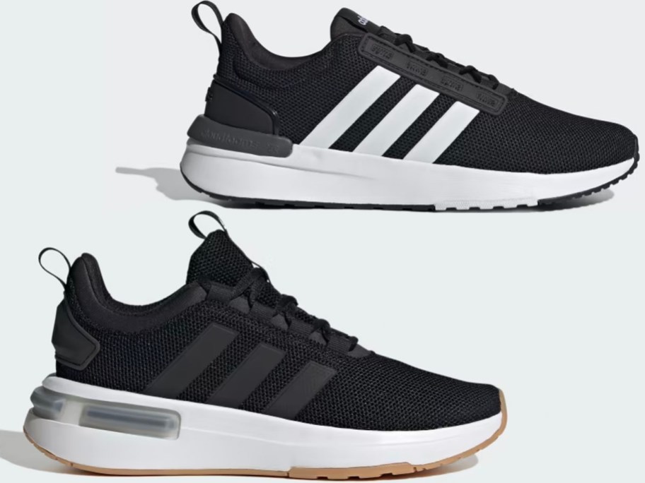 two pairs of black and white adidas shoes