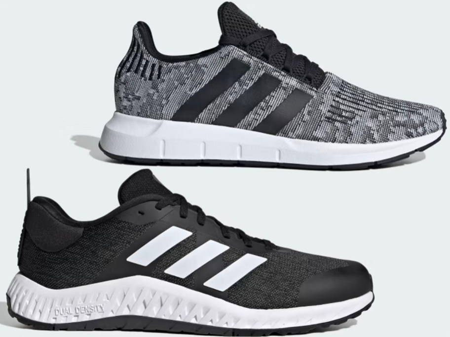 gray and black and white adidas running shoe stock images