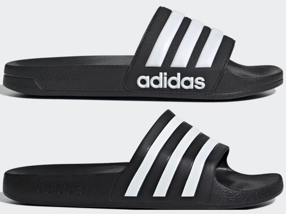 two pairs of black and white adidas slides