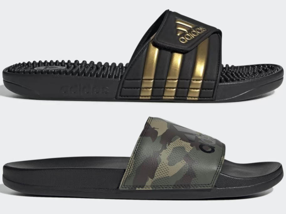 adidas gold & black slide above a green camo slide