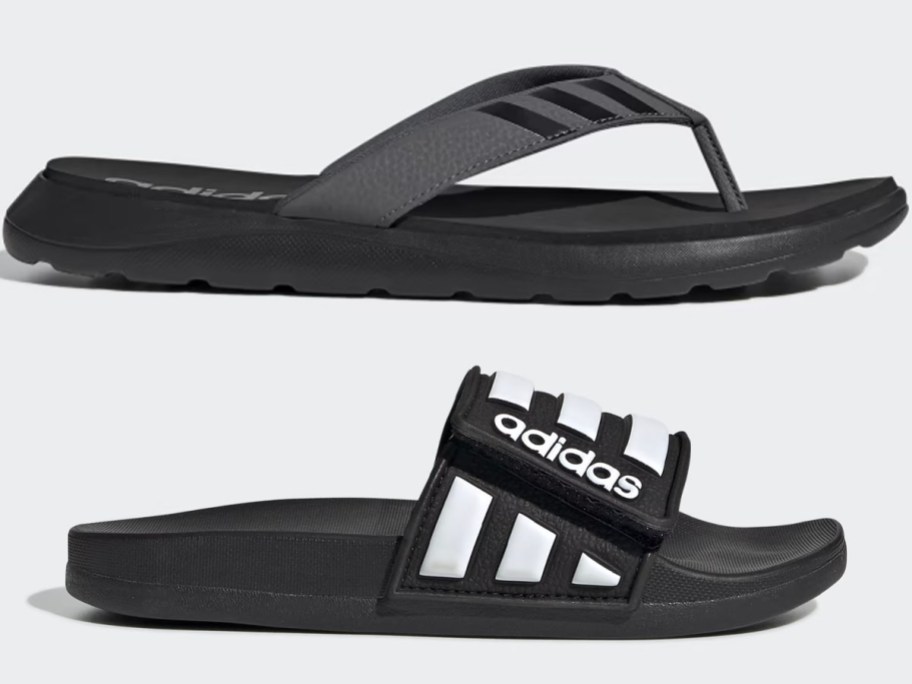 gray and black adidas sandal and black and white kids slide