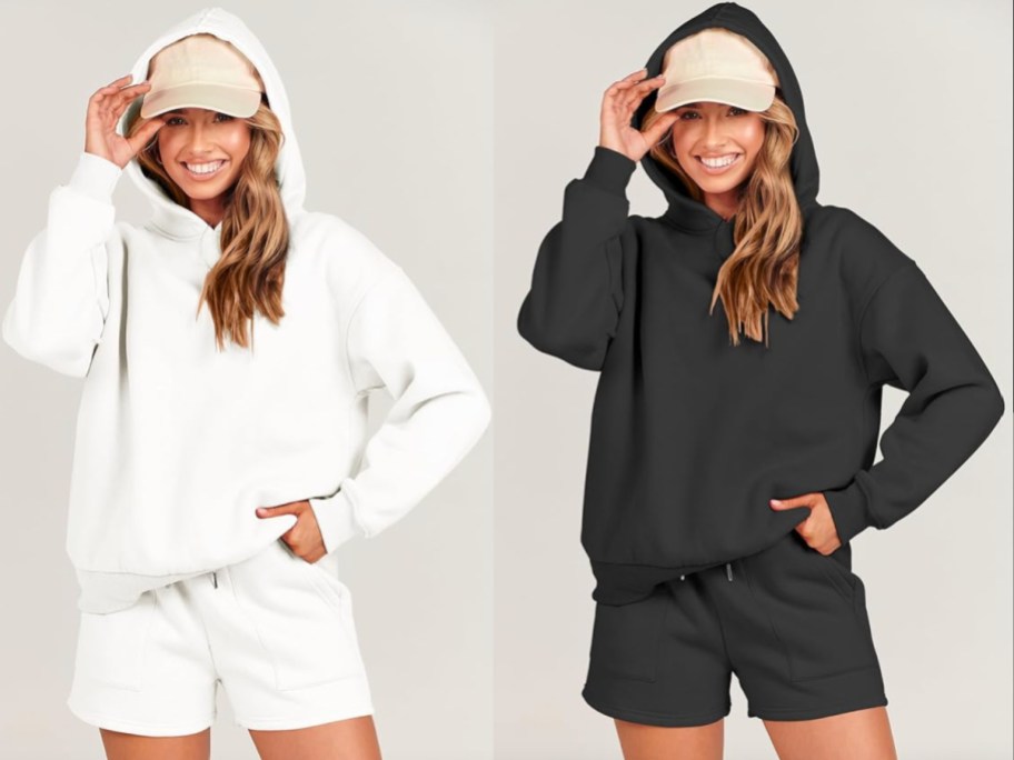 women in white and black matching hoodie and shorts sets