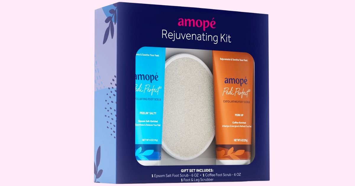 blue tube, brown tube and white leg and foot scrubber from the amope scrub kit in a dark blue box