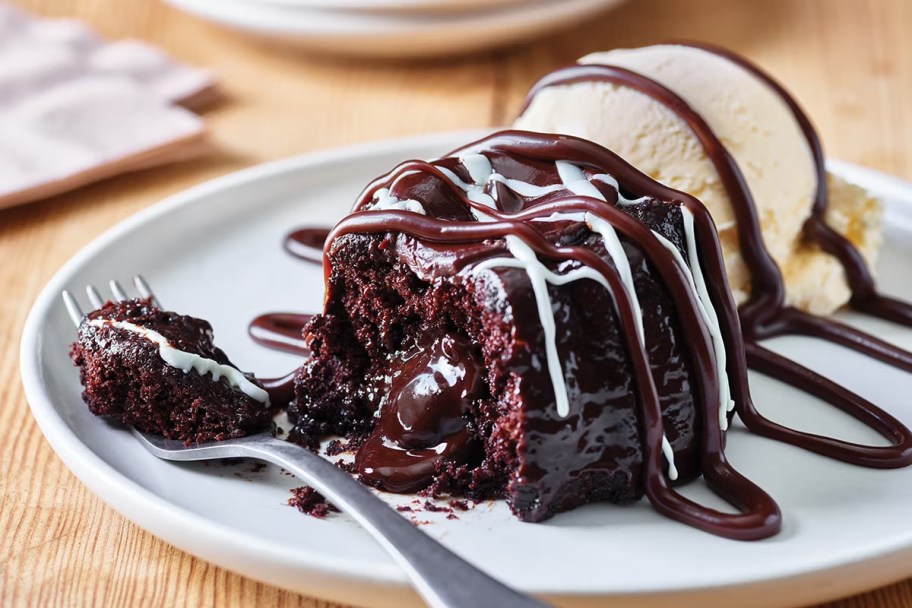 chocolate lava cake next to ice cream