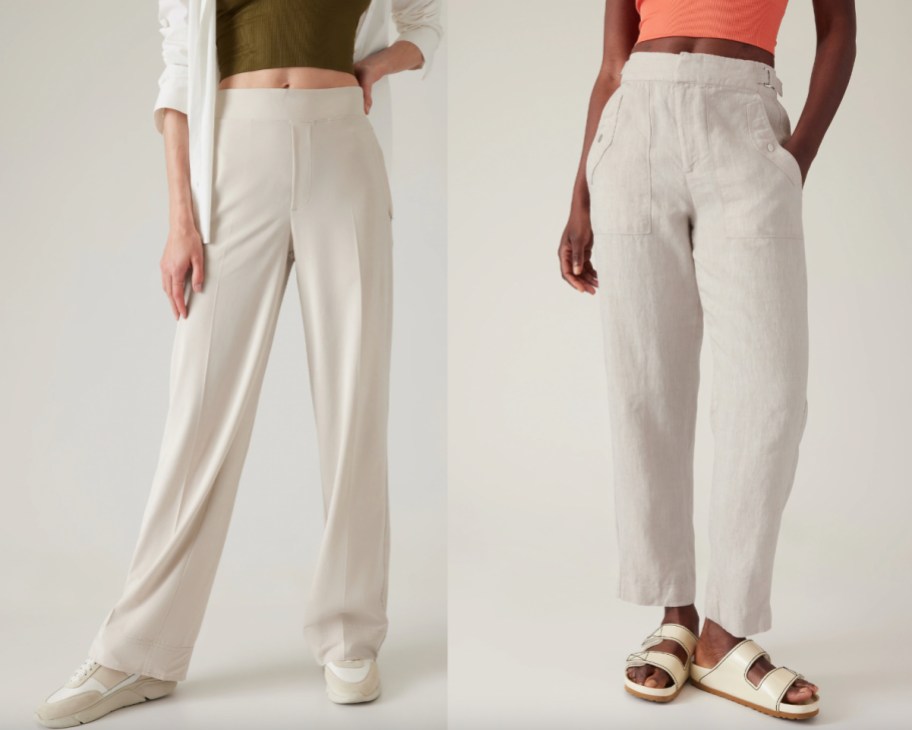 two pairs of tan linen pants
