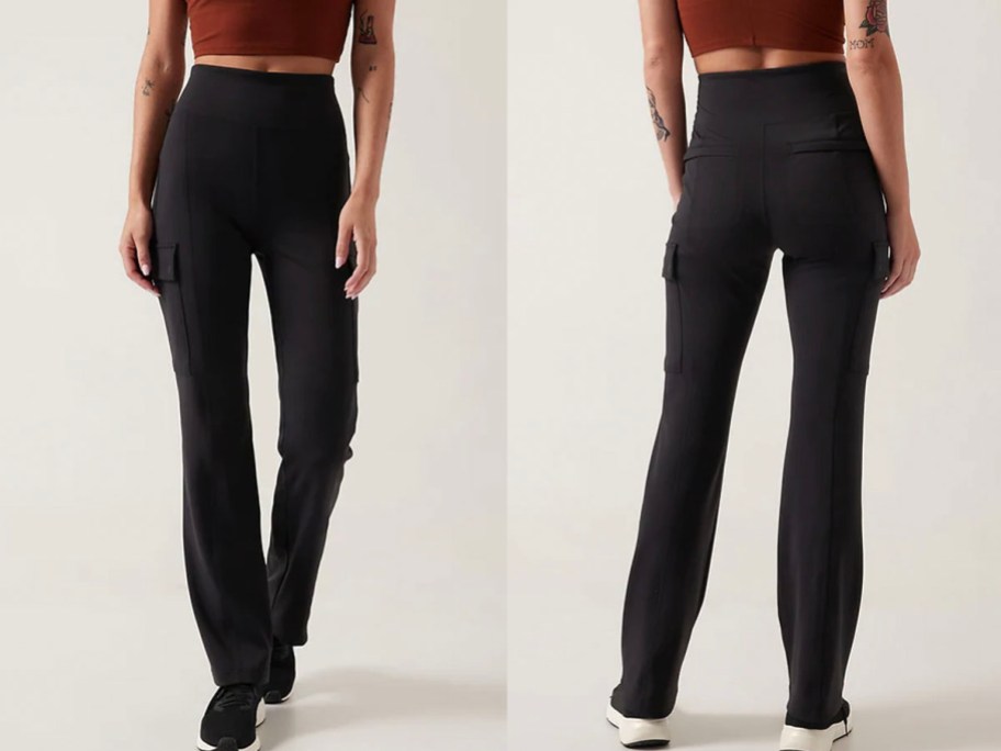 two women wearing black cargo pants front and back image