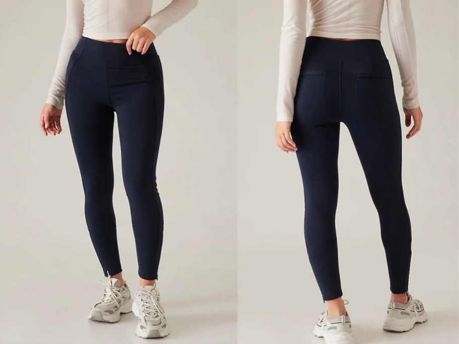front and back image of woman wearing black athleta leggings with white sneakers