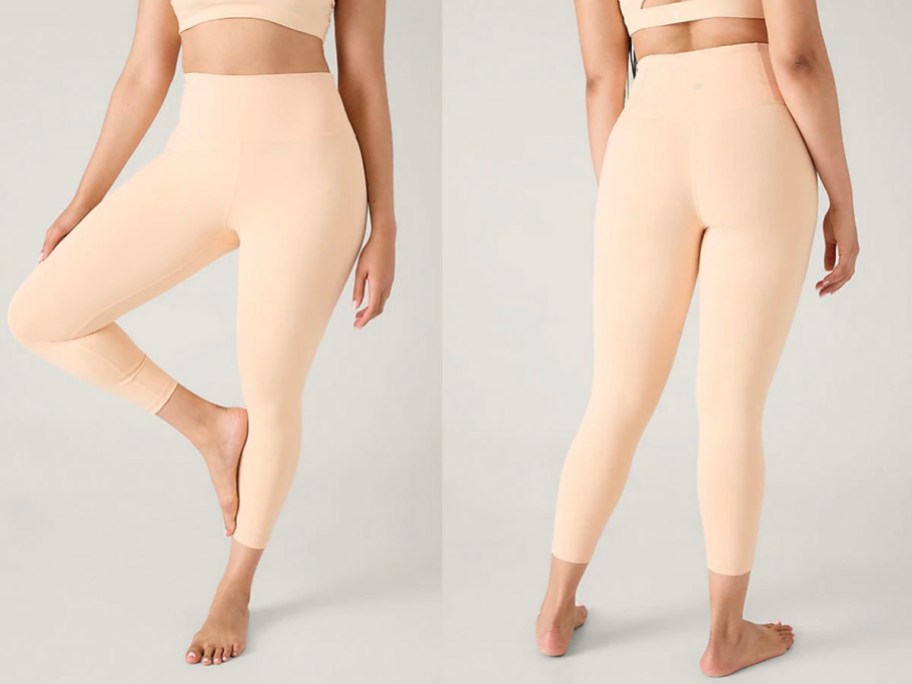 front and back image of woman wearing peach colored tights 