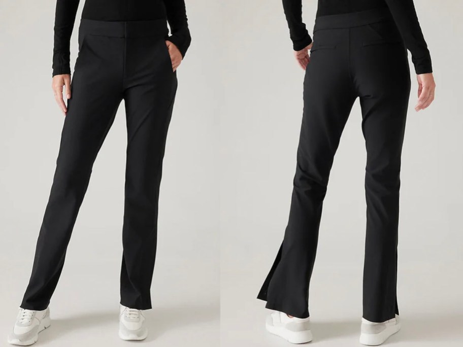 front and back image of woman wearing black flare pants