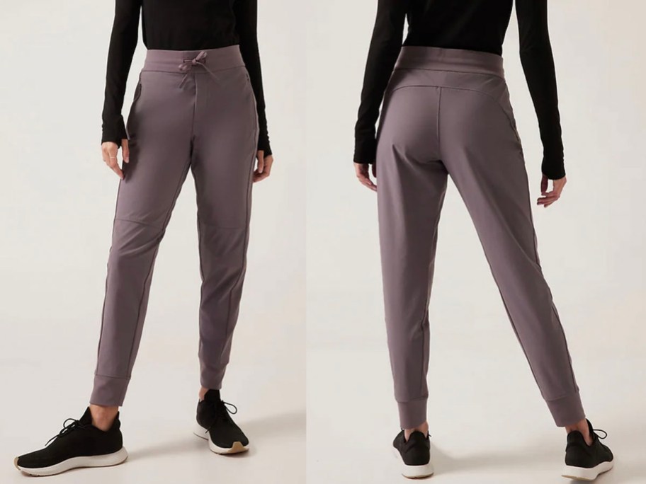 front and back image of woman wearing purple joggers and black tee