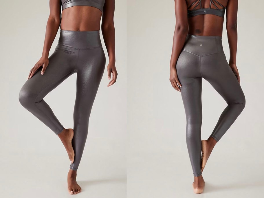 front and back image of woman wearing silver leggings