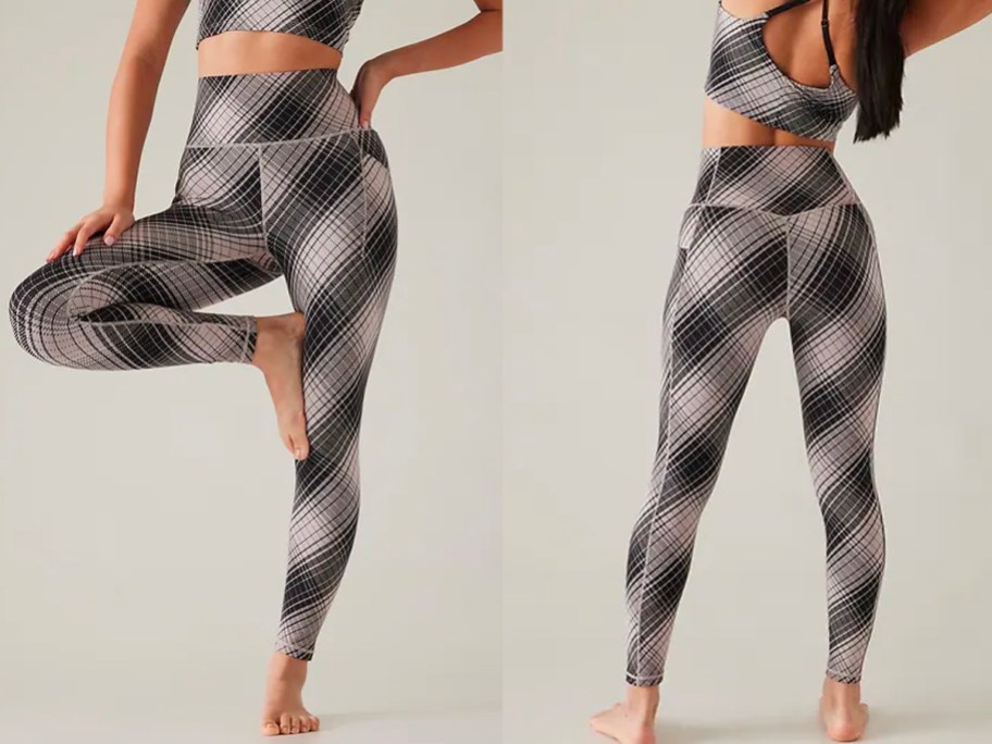 two women wearing plaid athleta tights front and back image