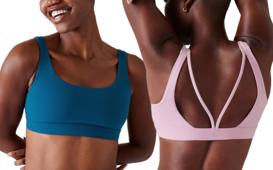 woman wearing blue and pink sports bra showing front and back