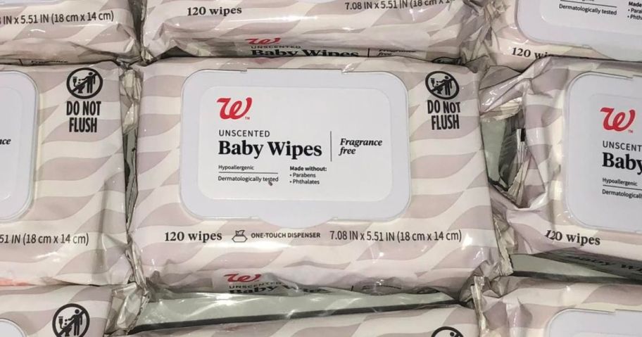 walgreens baby wipe packs on table