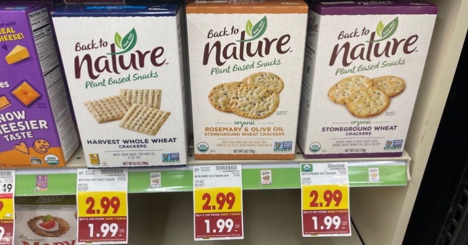 boxes of back to nature crackers on shelf