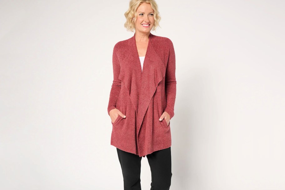 woman wearing a barefoot dreams wrap cardigan