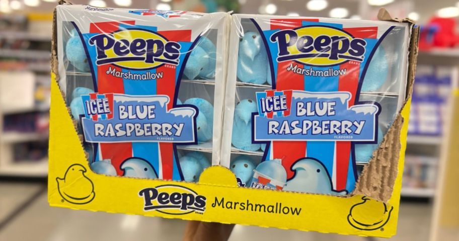 a womans hand displaying a case box of blue raspberry icee peeps 