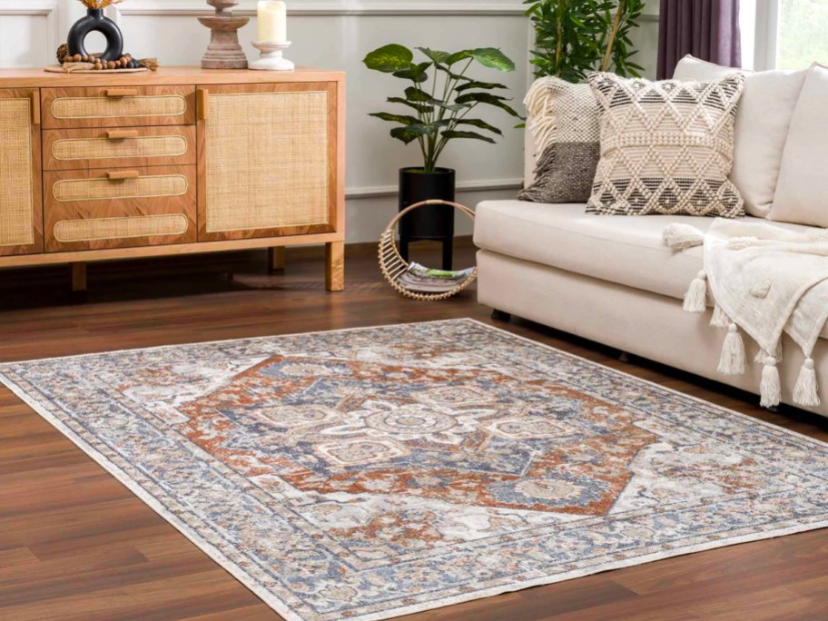 brown and blue area rug with design on floor next to white couch and table