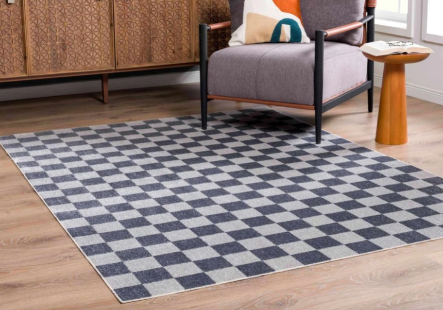 blue and grey checkered rug in living room