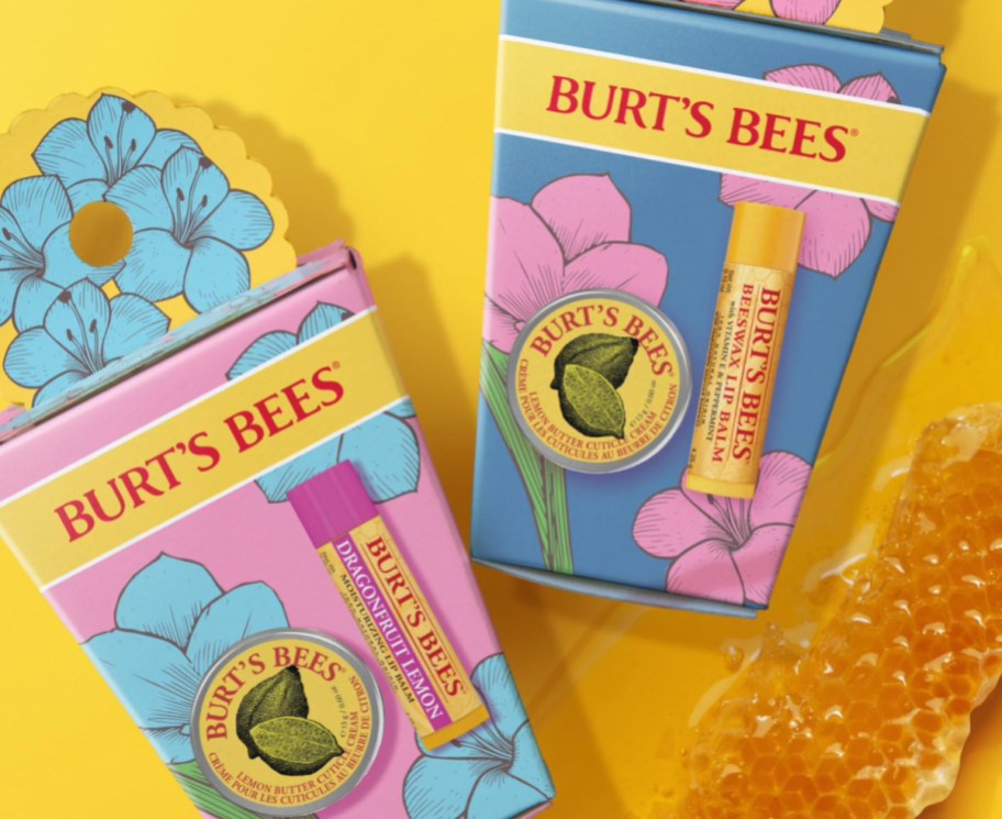 two spring lip balm sets next to honeycomb