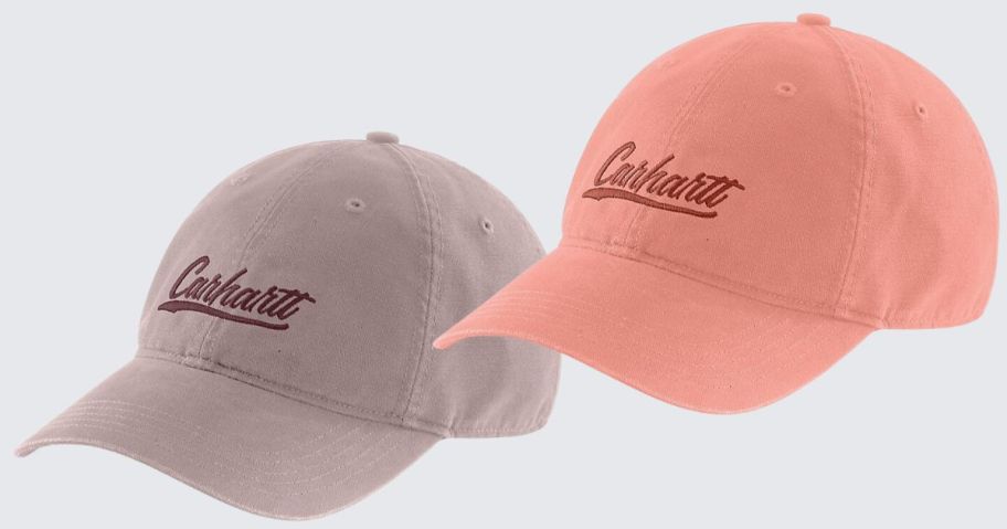 tannish color and pink color women's Carhartt caps