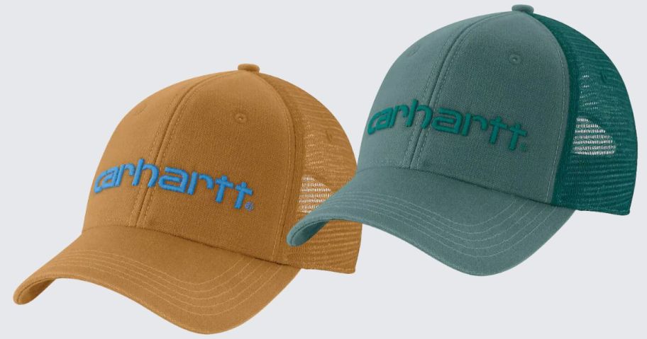 dark tan mesh back hat and dark green mesh back hat with Carhartt logos