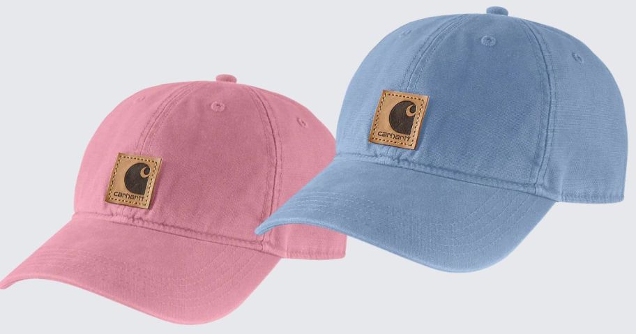 a pink and a blue Carhartt cap