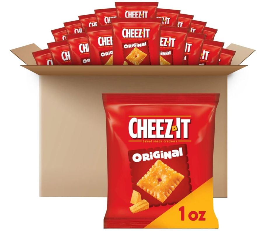 a 40 count box of cheez it original crackers popping out the top of an open cardboard box with one bag in the foregorund