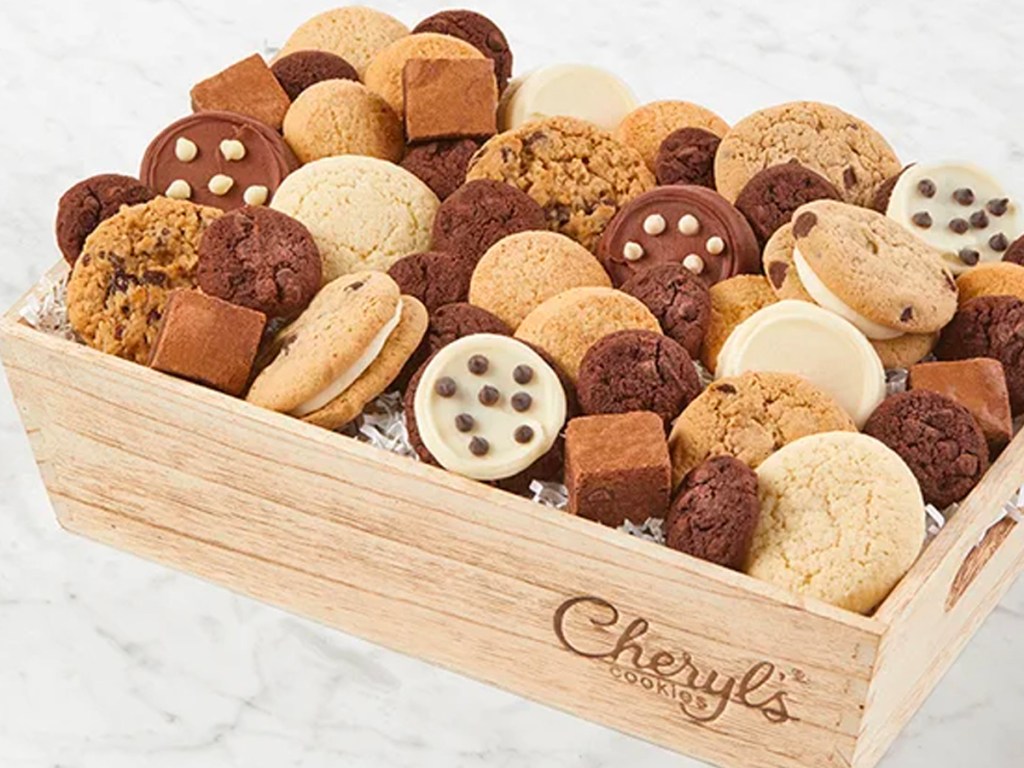 cheryls wooden dessert tray full of cookies and treats
