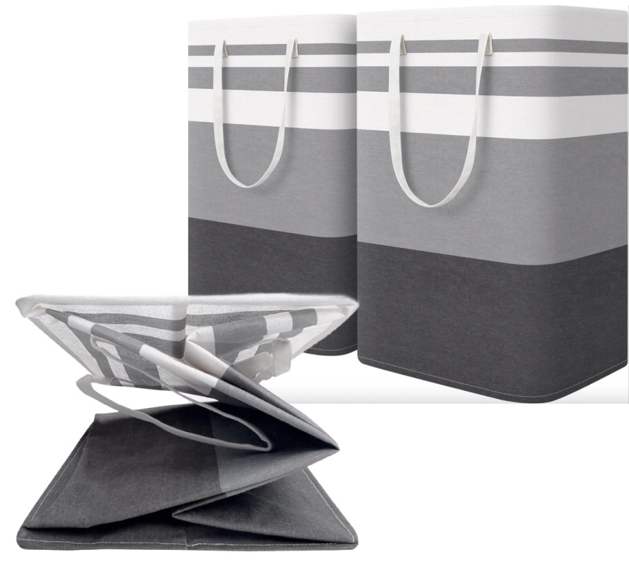 two grey stripe laundry baskets