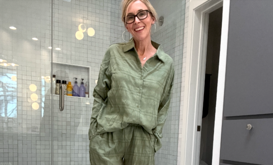 woman wearing green lounge set