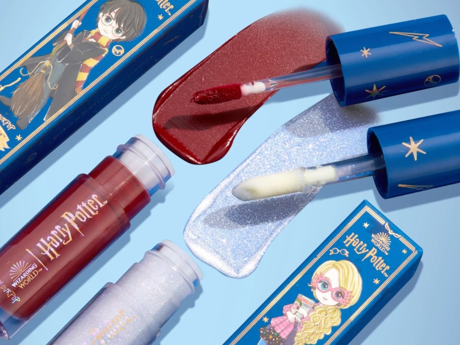 ColourPop Harry Potter Lux Lip Oils open with the oil coming out next to the boxes 