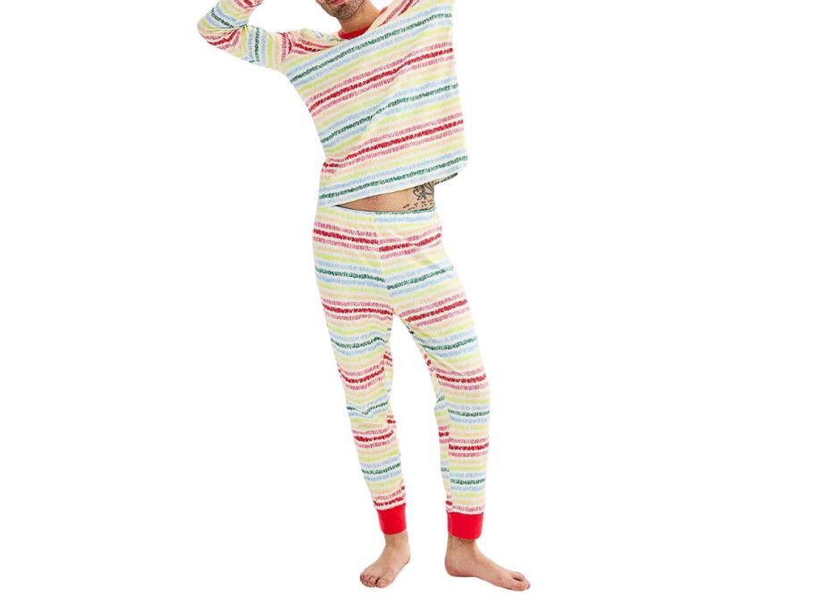 man wearing crayola pajamas