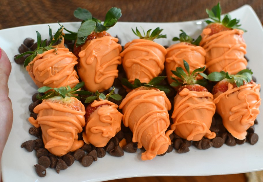 dipped chocolate strawberries on a plate with chocolate chips
