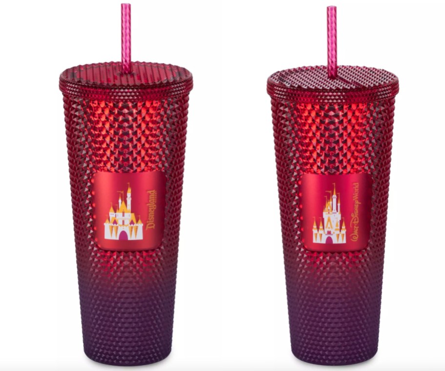 two red studded tumblers with disneyland and walt disney world design