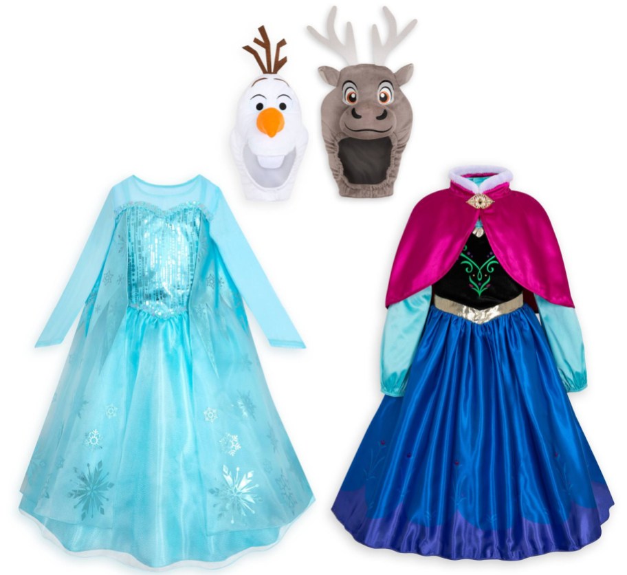 anna and elsa costumes with olaf and sven masks