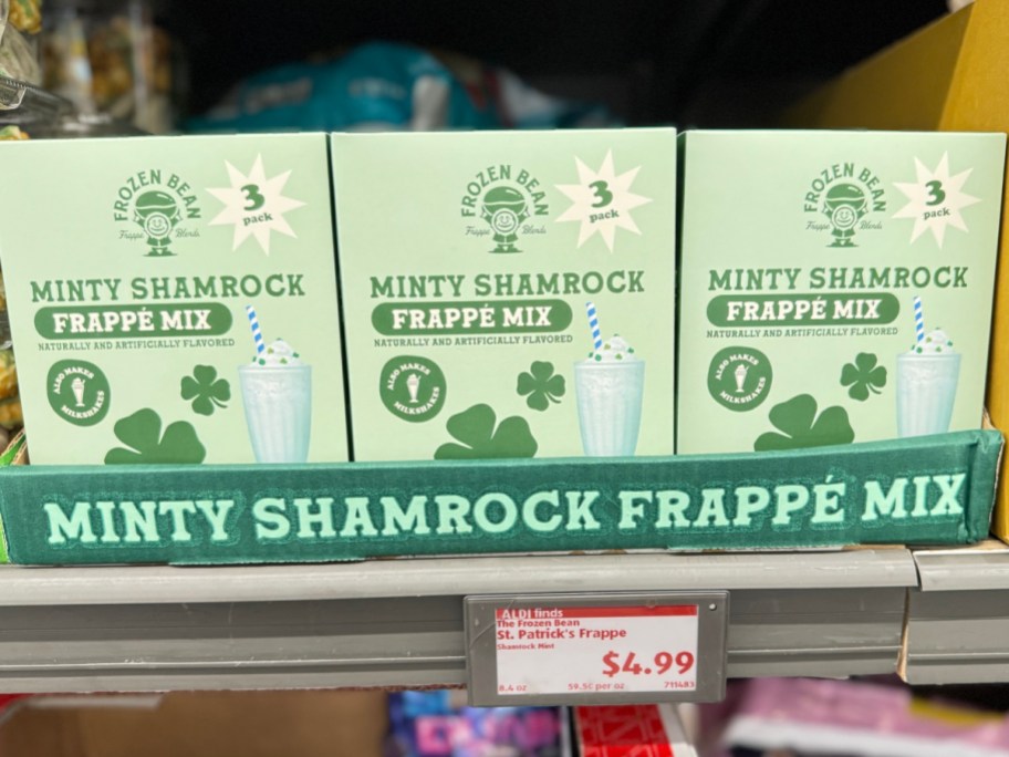 display holding 3 minty shamrock frappe mixes