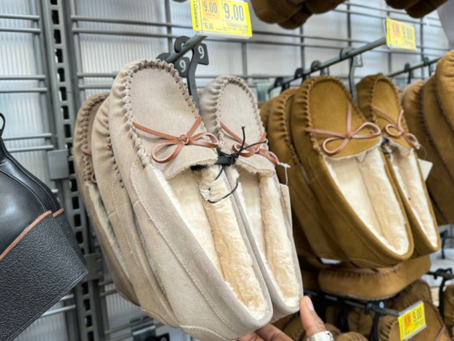 display of Joyspun Women's Genuine Suede Moccasin at the store with clearance prices shown
