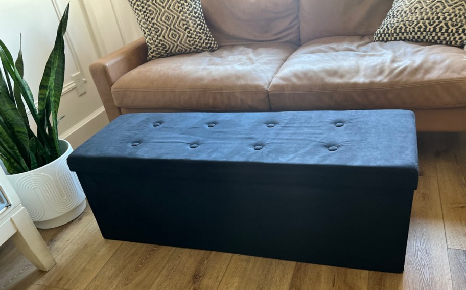 display of Sorbus Storage Bench Ottoman w_ Cover in black displayed in the living room