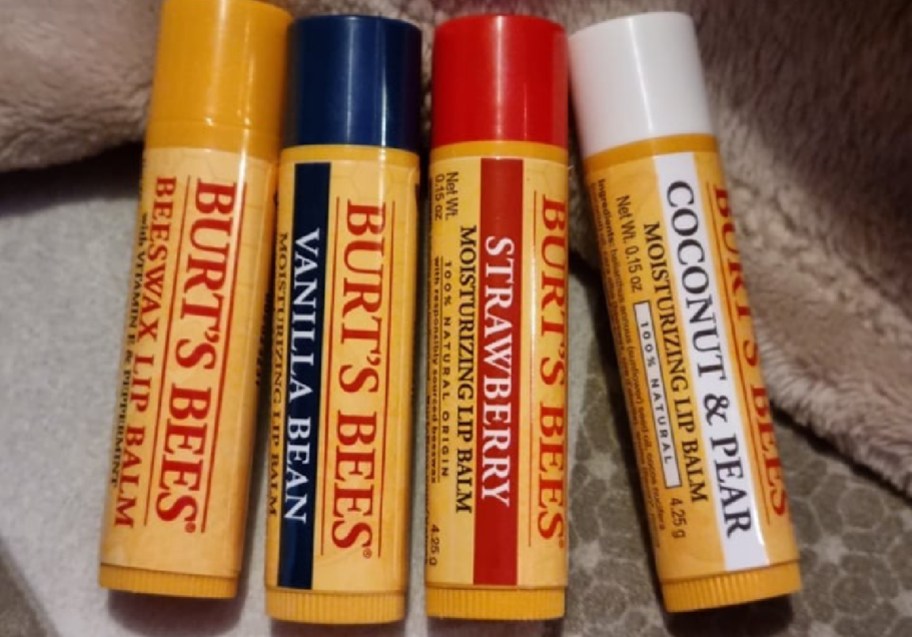 display of four Burts bees lip balms in fruit flavors