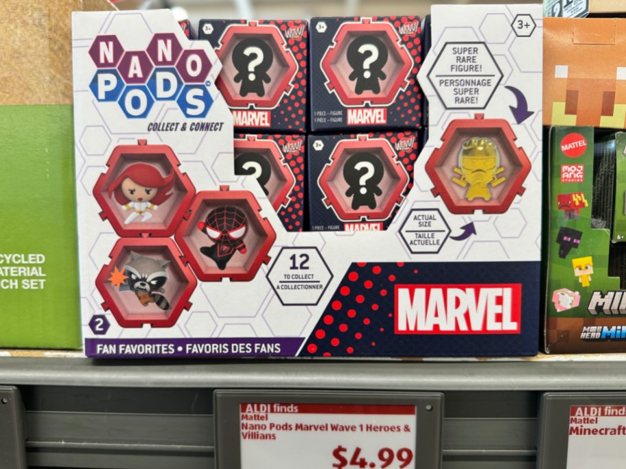 display of marvel pods on a shelf with their price tag underneath