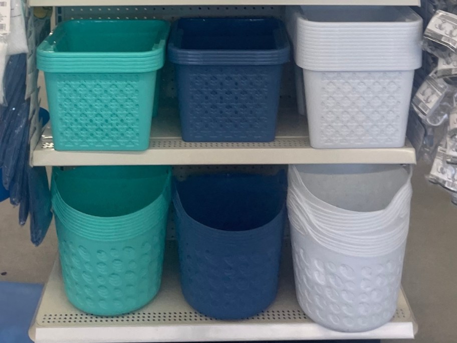 teal, blue and white square and round large plastic organizing bins