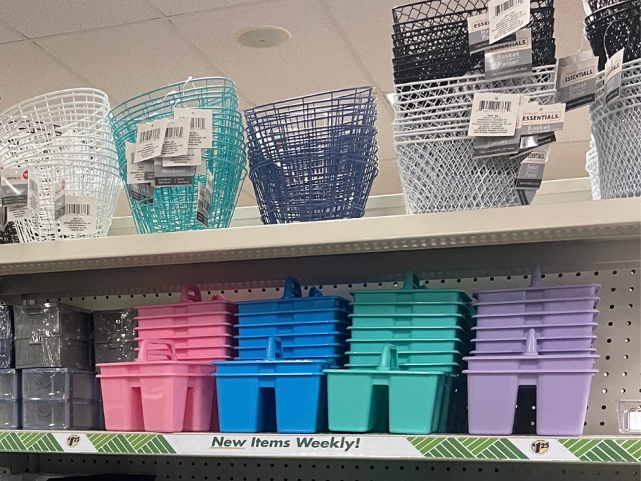 wire baskets and plastic storage caddies on a shelf