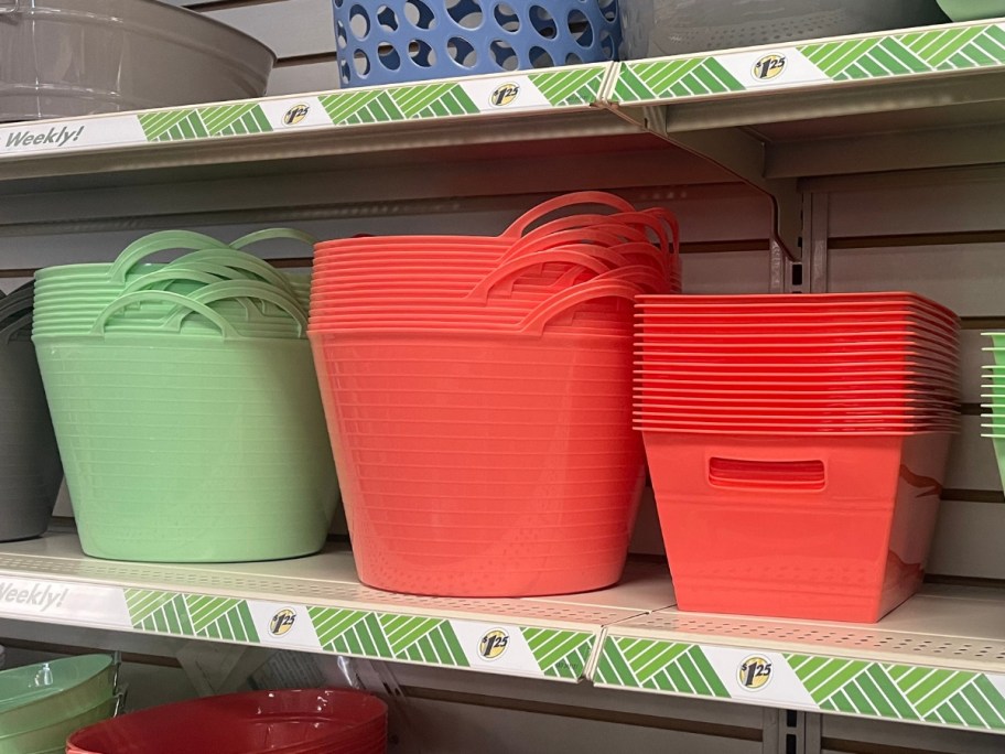 reddish orange and lime green buckets and baskets on a Dollar Tree shelf