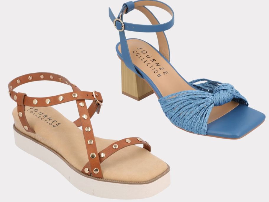 tan and white women's platform sandal and blue women's dressy heel sandal