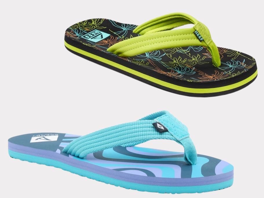 blue sperry kid's flip flop and black and yellow kid's reef flip flop