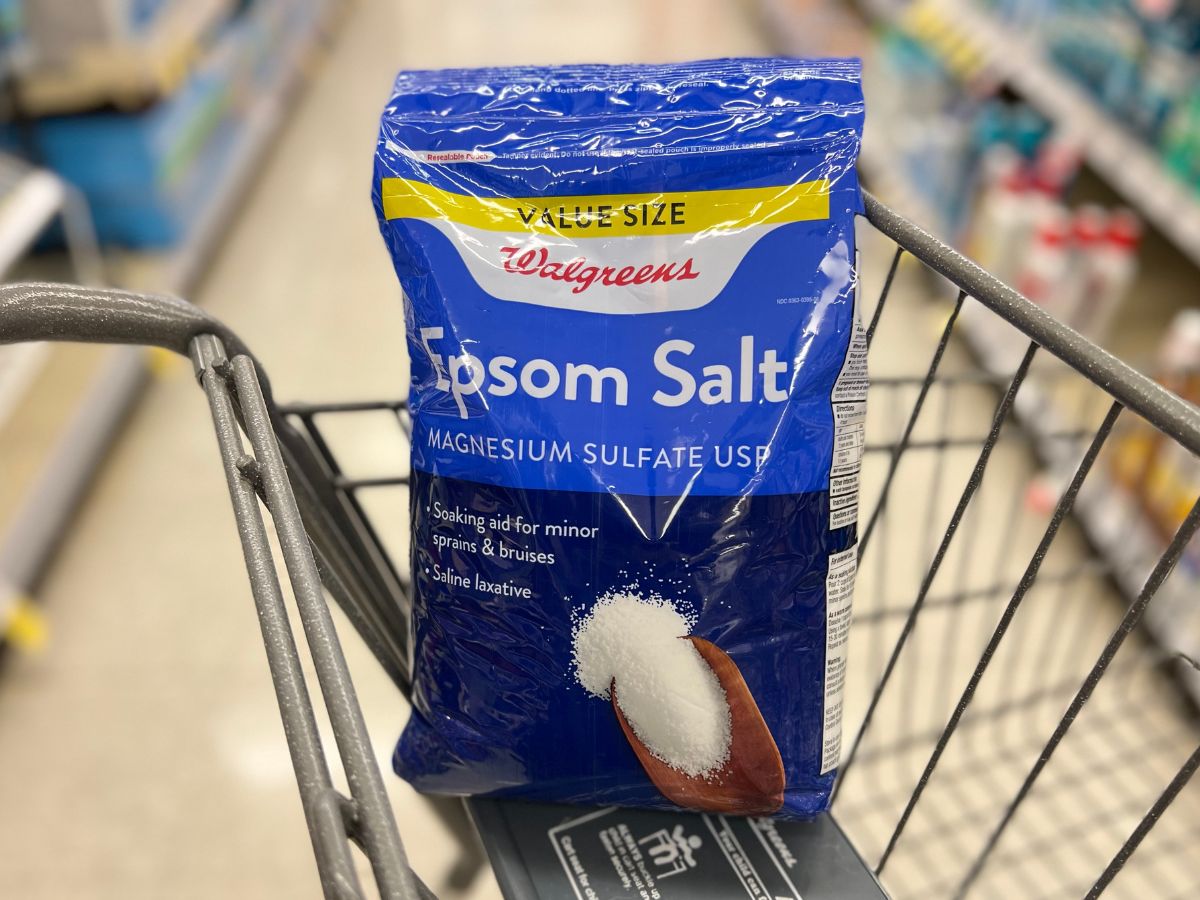 value sized bag of epsom salt in a shopping cart