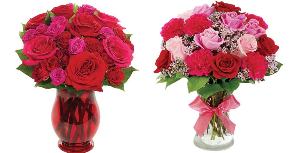 Valentine's Day Floral Bouquets - red and dark pink roses in red vase and red and light pink roses in clear vase with pink bow